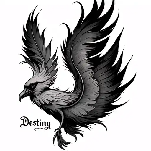 phoenix feather in vertical position on the side of the abdomen and the inscription destiny tattoo design idea
