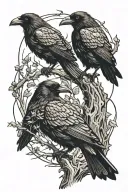 two crows perched, one in front of the other, the one in front looking right and the one in back looking left. tattoo design idea