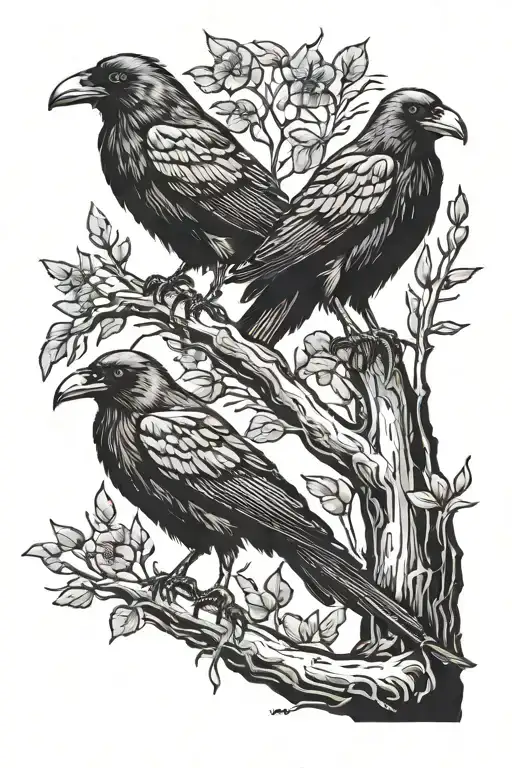 two crows perched, one in front of the other, the one in front looking right and the one in back looking left. tattoo design idea