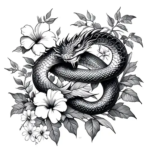 dragon snake wrapped loosly around vines, leaves, hibiscus flowers, and small wild flowers tattoo design idea