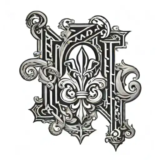 The following images in black and arranged in a column: A fluer-de-lis, and chevron, the letters “CNX”, and an “M” tattoo design idea