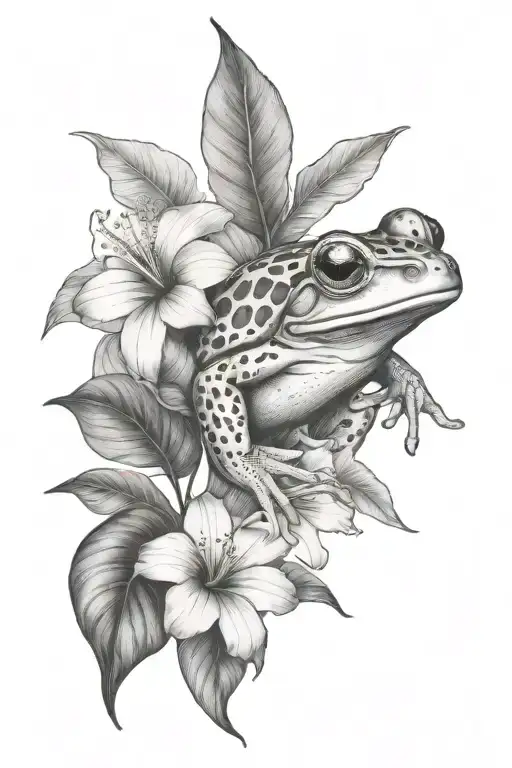 small frog and tropical leaves and hibiscus tattoo design idea