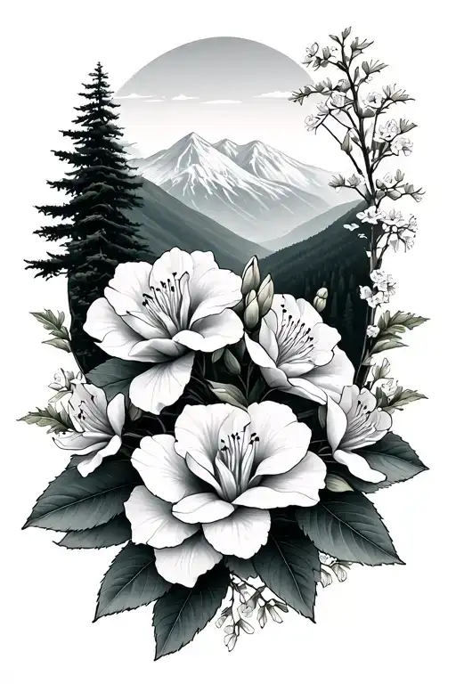 blue ridge mountains with rhododendron surrounded tattoo design idea