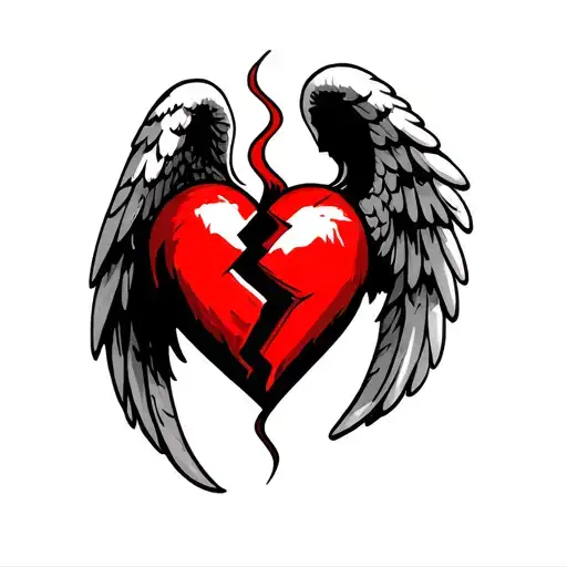 Broken heart with angel wings, one black and one red tattoo design idea