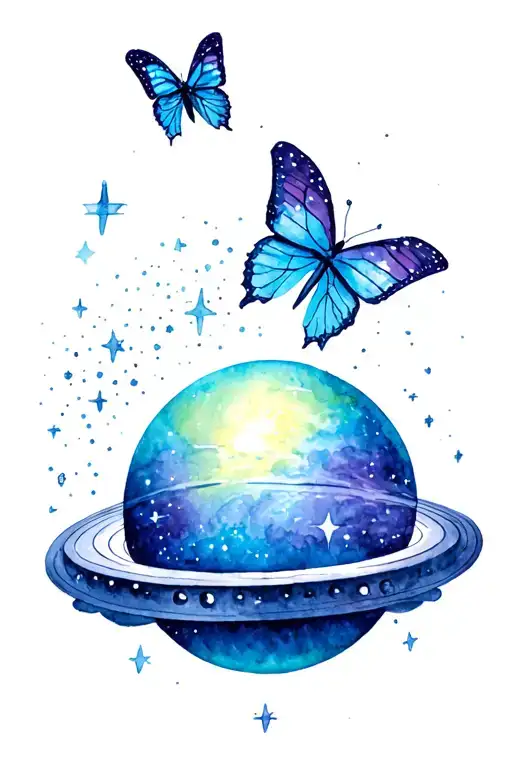 THE PLANET NEPTUNE WITH STAR CLUSTER CONSTELATION WITH 2 BUTTERFLLIES, COLOR SCHEME IN BLUE, PURPLE green tattoo design idea