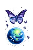 THE PLANET NEPTUNE WITH STAR CLUSTER CONSTELATION WITH 2 BUTTERFLLIES, COLOR SCHEME IN BLUE, PURPLE green tattoo design idea