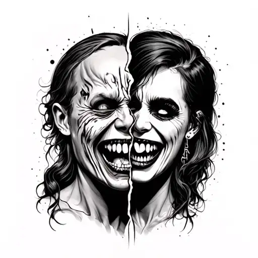 split personality ego tripping laugh now cry later horror theme tattoo tattoo design idea
