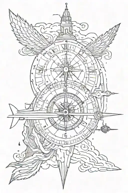 a compass with a trident underneath, a submarine and a planisphere tattoo design idea