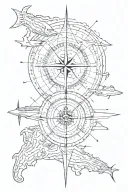 a compass with a trident underneath, a submarine and a planisphere tattoo design idea