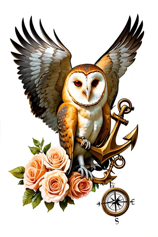 Barn Owl flying holding an anchor covered in roses with a compass behind the owl tattoo design idea