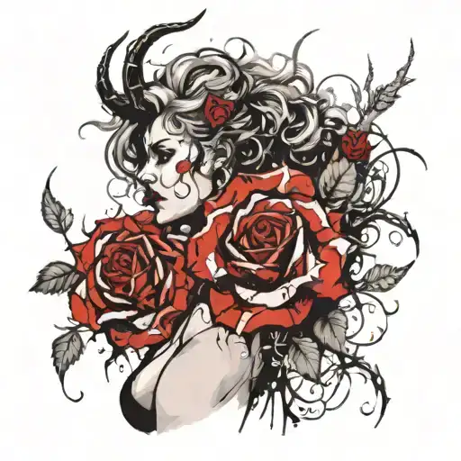 curvy thick pale woman, tall standing with wild hair, beautuful, bare breasted , surrounded by roses an, demonic horns . tattoo design idea