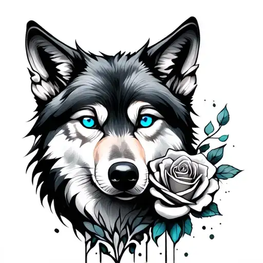 Autism Rose and a Wolf blue eyes tattoo design idea