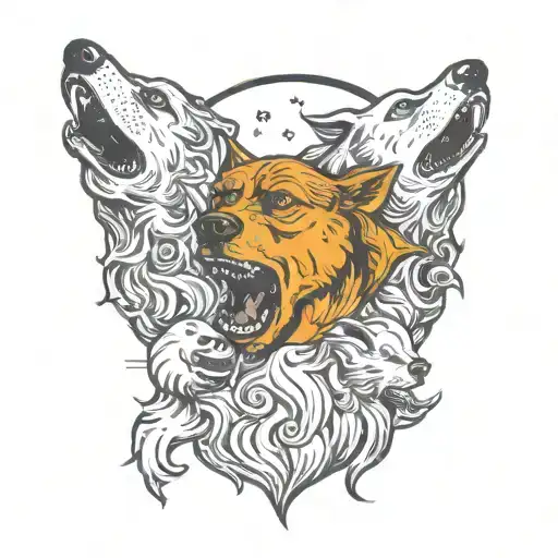 three headed dog holding the moon in its paws. one head is happy. one head is angry. the other head is sad and howling tattoo design idea