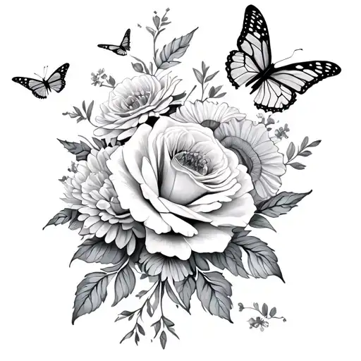 flowers with butterlies flying around - peonys, roses, crysanthemums - side upper leg fine line tattoo  tattoo design idea