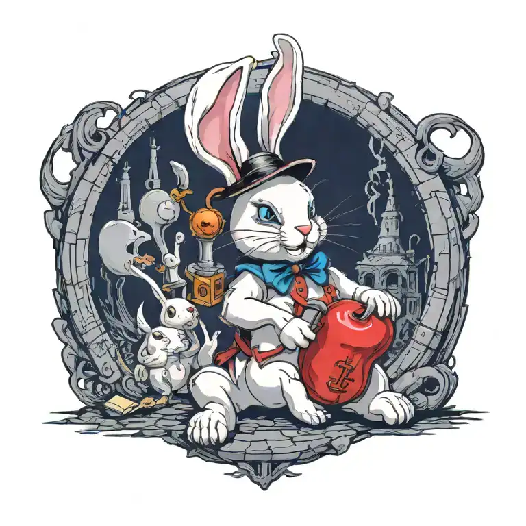 Teddy Bear that looks like an evil white rabbit with sly look holding key and calling sexy alice over to his rabbit hole tattoo design idea