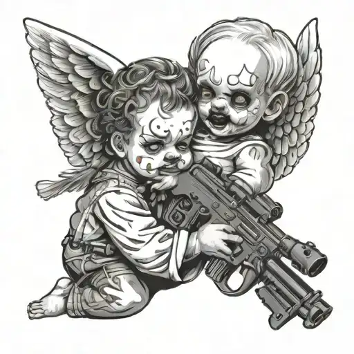 baby angel with clown makeup holding ak 47 tattoo design idea