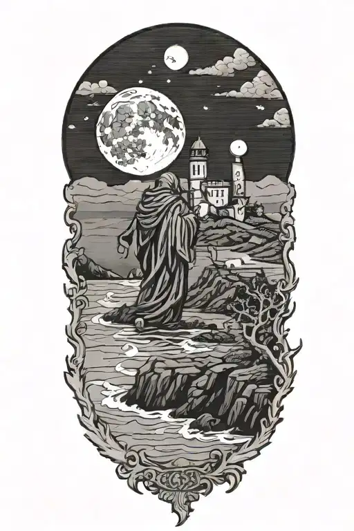 A lone hermit, wandering by the ocean, looking out at sea. Monastery in the background and full moon tattoo design idea