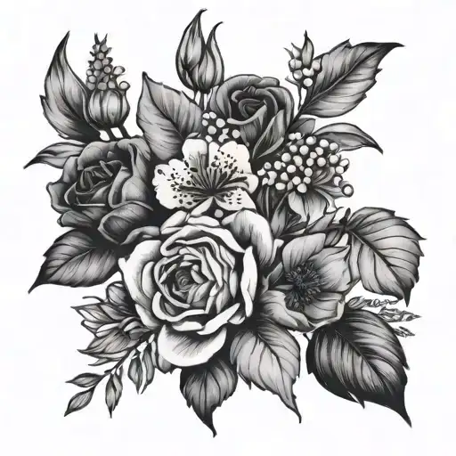 feburary, march, june, december birth flower bouquet with stems tattoo design idea