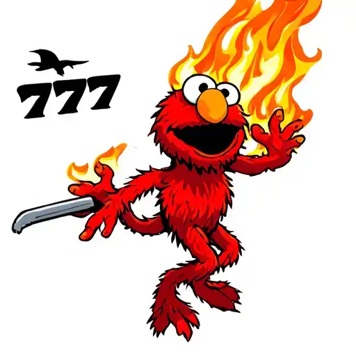 red elmo burning in background with 777 over it tattoo design idea