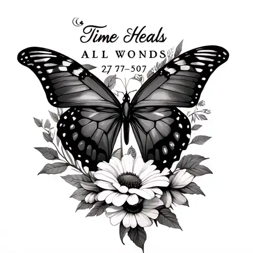 "Time Heals All Wounds" flowers,semi colon butterfly emerging numbers 2-27-47 and 3-25-50  tattoo design idea