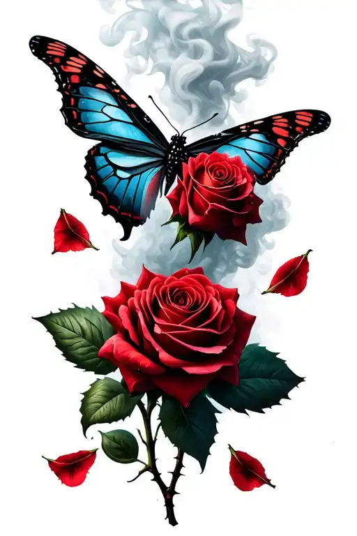 butterfly, two thorny roses surrounding, falling rose pedals fading into smoke, barbed wire wrapping tattoo design idea