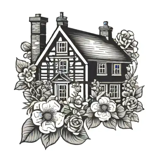 A blackwork tattoo of a traditional Irish cottage surrounded by roses and daisies tattoo design idea