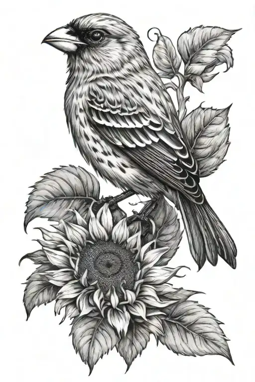 finch with sunflower blooming tattoo design idea