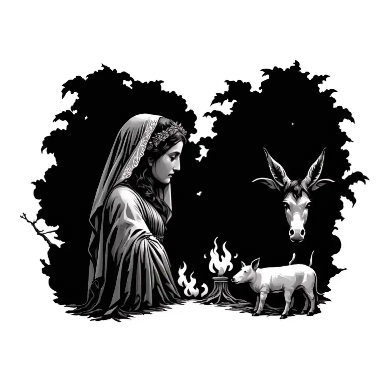 hestia goddess with veil, hearth of flames, chaste tree branch, pig and donkey tattoo design idea