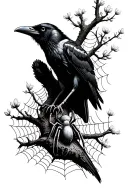 raven on tree with spider weaving a web between flours tattoo design idea