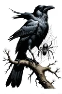 raven on tree with spider weaving a web between flours tattoo design idea