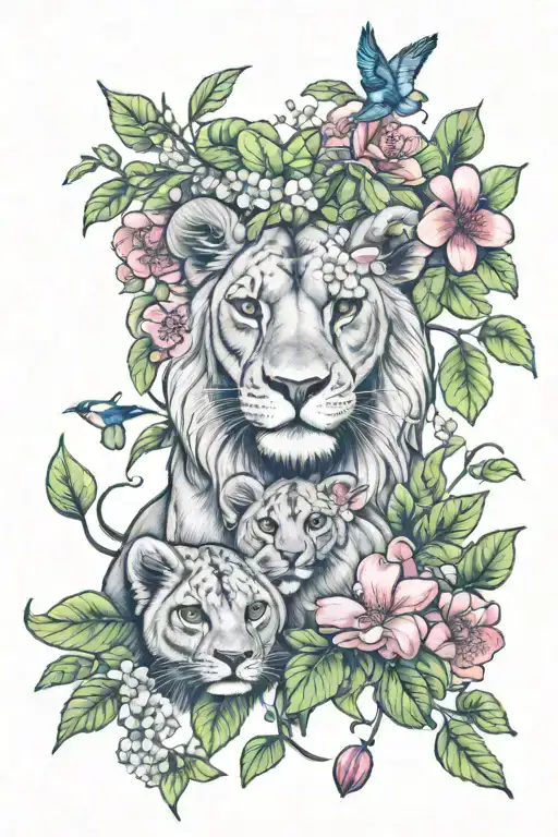 2 lion cubs, clovers, daisies, berries, fruit, pohutukawa, passionflower, guava, passionfruit, vines, birds of paradise tattoo design idea