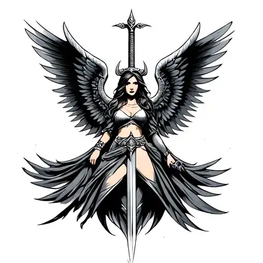 bold coloured valkyrie with wings and sword tattoo design idea