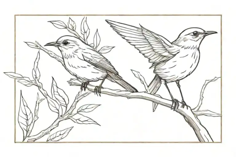 small robin flying away other from other robin who is oerched on branch tattoo design idea
