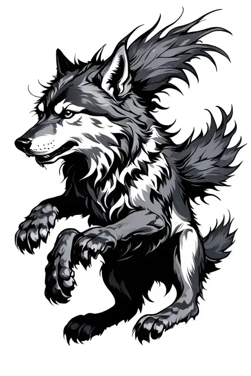 fenrir norse full body wolf leaping down calm tattoo design idea