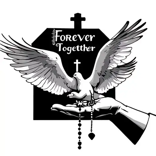 "Forever Together" dove holding rosary beads on praying hands reaching for a child in a church  tattoo design idea