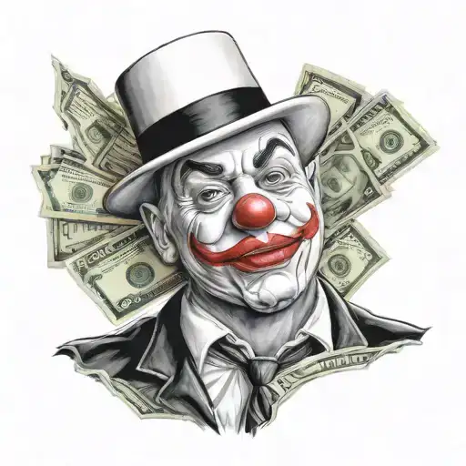 gangster man with clown face surrounded by money   tattoo design idea