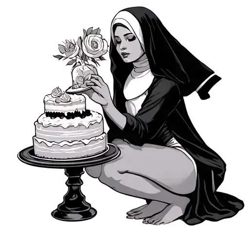 sexy Nun on her knees eating cake tattoo design idea