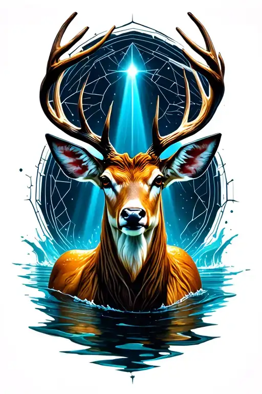 Realistic humanoid deer in dark water, cosmic cracks on body, head down, light beam, sacred geometry. tattoo design idea