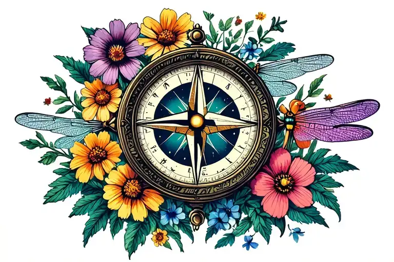 wildflower collage with round compass hour glass Christian cross and dragonfly tattoo design idea