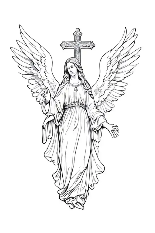mary catholic cross angels flying tattoo design idea