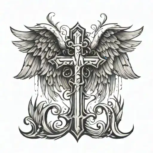 cross with angel wings and the initials "M.V." on it tattoo design idea