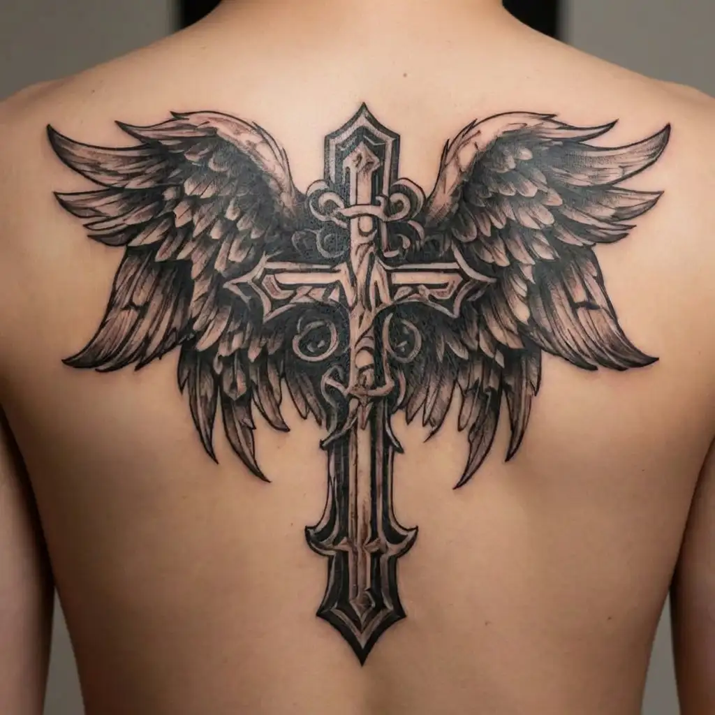 cross with angel wings and the initials "M.V." on it tattoo design idea