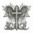 cross with angel wings and the initials "M.V." on it tattoo design idea