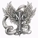 cross with angel wings and the initials "M.V." on it tattoo design idea