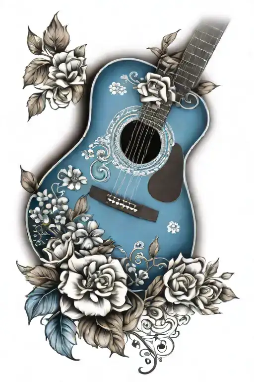blue acoustic guitar with flowers tattoo design idea