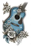 blue acoustic guitar with flowers tattoo design idea