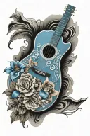 blue acoustic guitar with flowers tattoo design idea