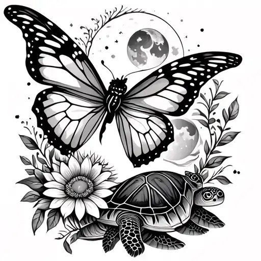 Create a black and white back tattoo that contains a butterfly fairy, flowers, a sea turtle, the sun, the moon, a dream  tattoo design idea