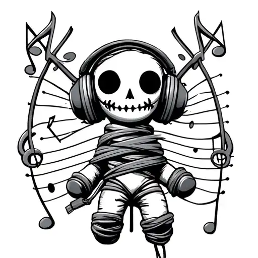 voodoo doll with headphones wrapped in music staff tattoo tattoo design idea