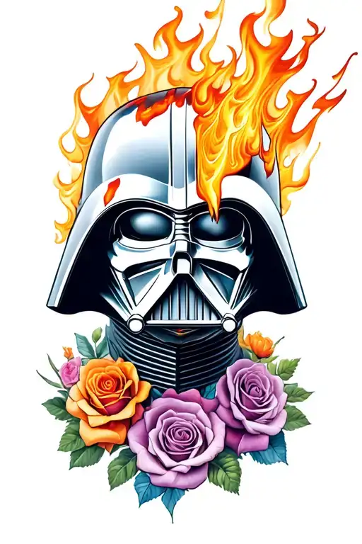 Darth Vader's head with one side melted by fire showing part of the skull, behind a floral with burning roses tattoo design idea